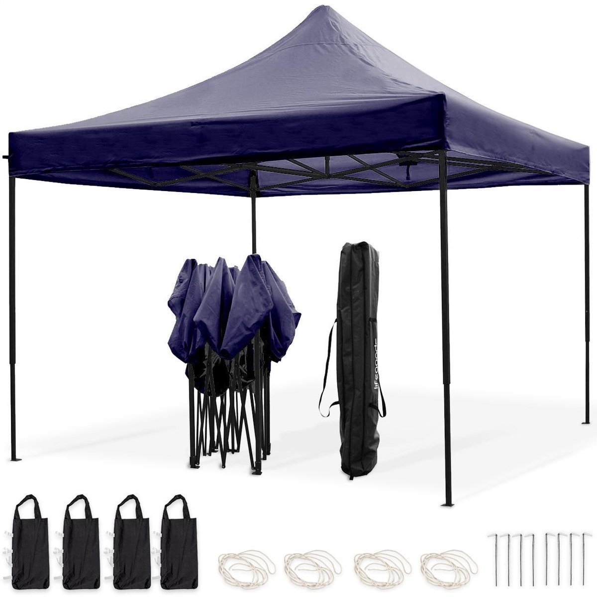 Tonnelle de jardin - LifeGoods - 3x3 m - Facile à monter - Pliable - Imperméable - Sac de transport à roulettes - Bleu foncé - 28ca16c7-f03e-434e-b528-d9f8c66faeda