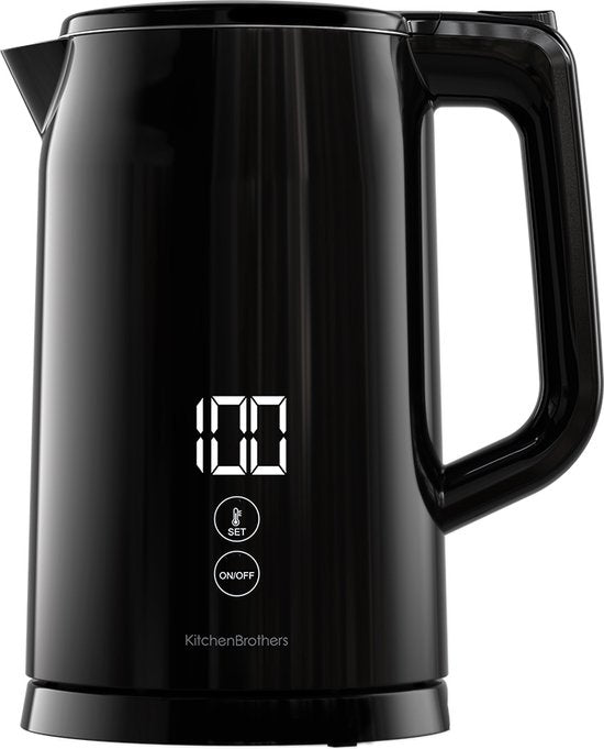 KitchenBrothers Bouilloire - Avec contrôle de la température - Électrique - Filtre à calcaire - Fonction maintien au chaud - Affichage - Double paroi - Cool-touch - 1,7L - 2200W - Noir