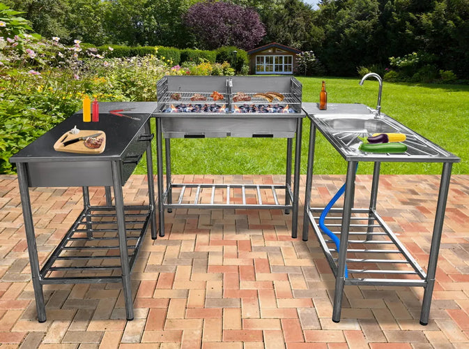 Plan de travail extérieur - Garten BBQ - Cuisine de jardin - Table en acier inoxydable - réglable - 2 tiroirs - 100x50.5x87cm - 46828b3c-ea09-42e6-8acb-ac6ca357639b