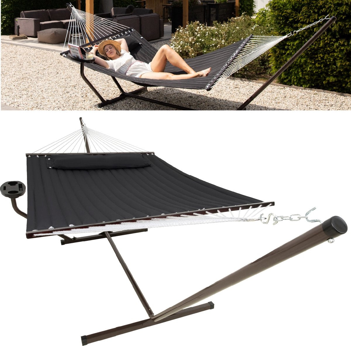 Hamac Vita5 avec support et poteau d'écartement - 2 personnes - Coussin amovible - Résistant aux UV - Noir - 4a288458-3a20-4f44-a251-6116c0befb00_eb338791-4c33-42b9-a8c0-e645d9bcc537