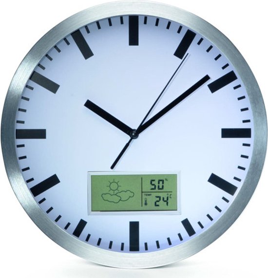Perel Horloge murale, ronde, analogique, 25 cm, écran LCD avec thermomètre, hygromètre et prévisions météorologiques, aluminium, argent - 4f36f85b172ba6f3ad9170b28172fac4e0a07386_Enriched_product_image_f1d4a9a5-c02f-4b43-85f7-639ae0aae936