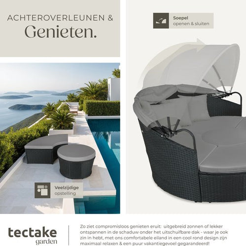 tectake® Sun Island Santorini - Lit de repos pour 2 personnes - Bain de soleil multifonctionnel avec parasol - Bain de jardin librement divisible - Résistant aux UV et aux intempéries - Coussins inclus - Noir - 8e8ce44d2d7bbe59ddf0d4cc0d0b039293b5e969_Enriched_product_image