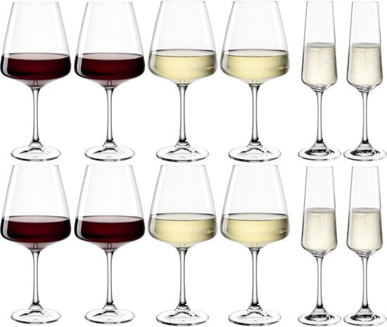 Leonardo - Service de verres Paladino - 12 pièces - 4 verres à vin blanc - 4 verres à vin rouge - 4 coupes à champagne