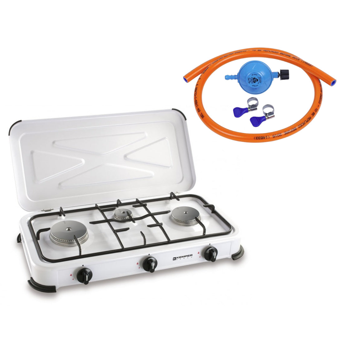Cuisinière à gaz - Kemper - avec 3 brûleurs en acier inoxydable - avec kit d'installation - 3,65 kW - Blanc