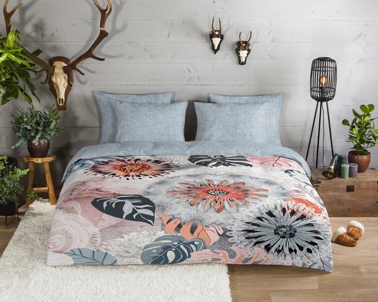 Housse de couette en flanelle 200x200 cm - Imprimé Fleurs et Feuilles - Gris/Rose - 2 personnes - 100% coton flanelle - ee5c3800fa8053552244e59f89bb0afc0ac43de8_Enriched_product_image