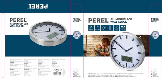 Perel Horloge murale, ronde, analogique, 25 cm, écran LCD avec thermomètre, hygromètre et prévisions météorologiques, aluminium, argent - f68f62929667989678ca71ac02b2c271ccaa2bf7_Enriched_product_image_87f4f621-716a-461e-9a00-bcf289718833