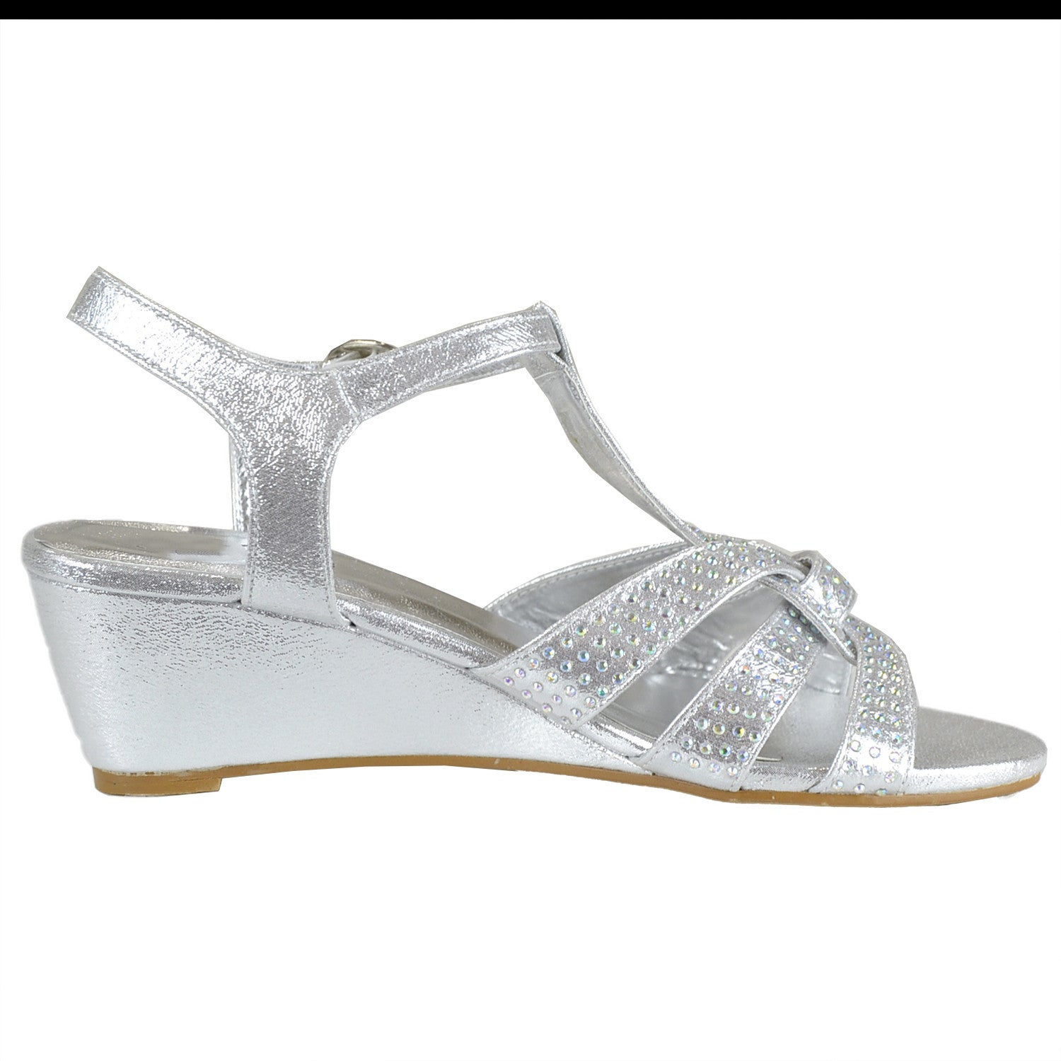 Womens Dress Sandals Braided Rhinestone Strappy Accented Wedges Silver