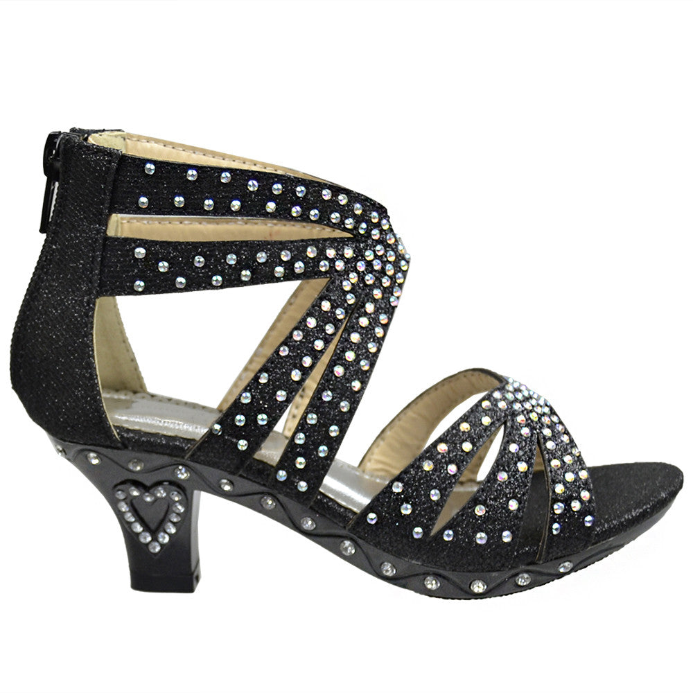 Girls Rhinestone Caged High Heel Dress Sandals Black