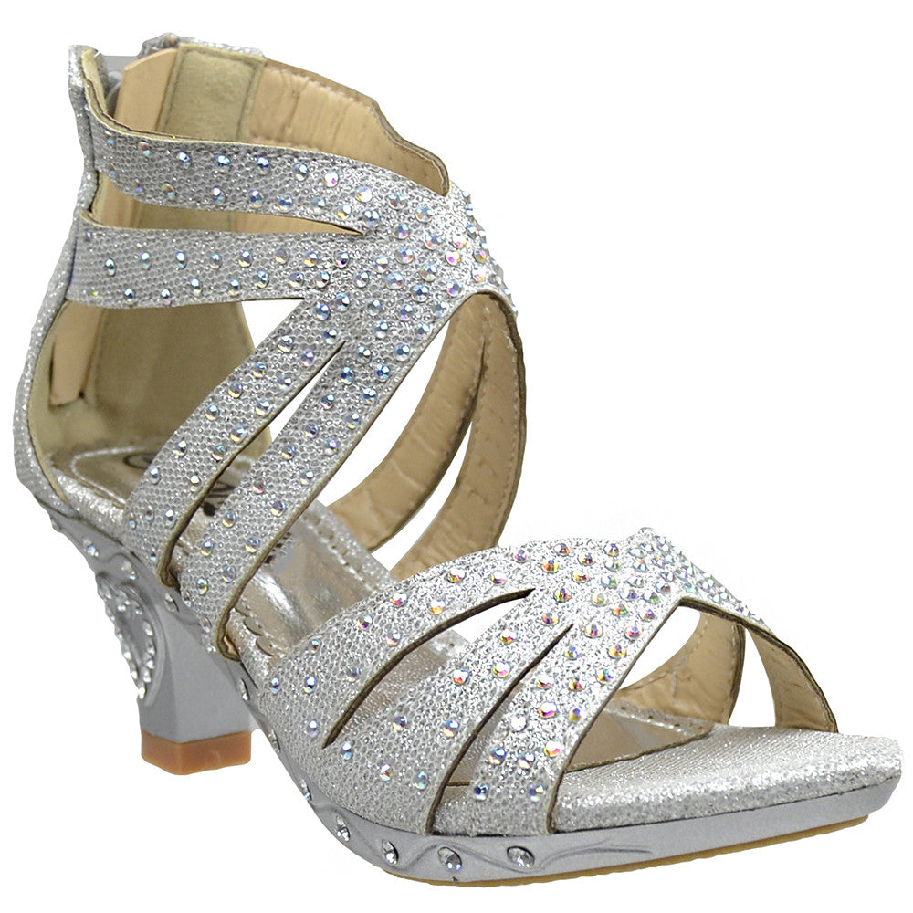 Girls Rhinestone Caged High Heel Dress Sandals Silver