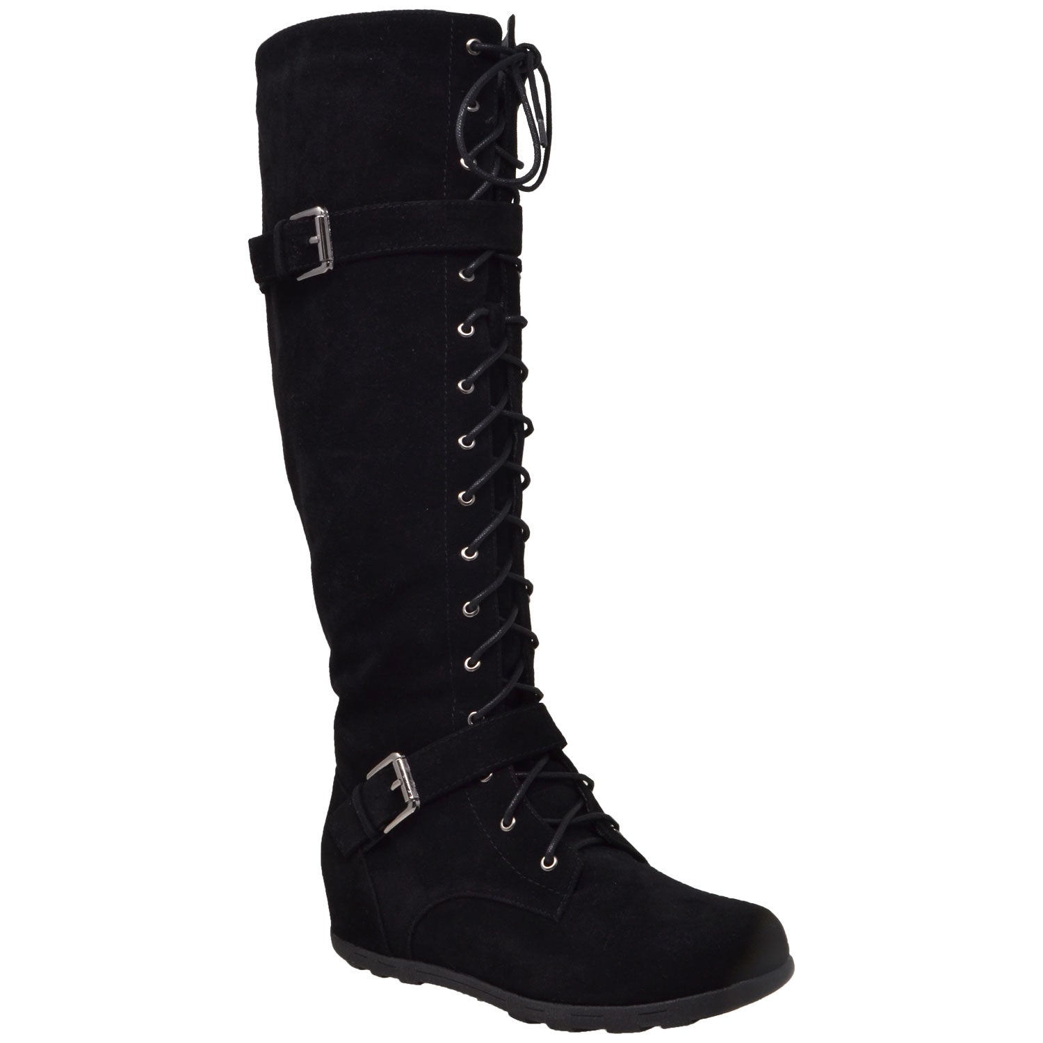 Womens Lace Up Strappy Buckle Combat Knee High Suede Boots Black ...