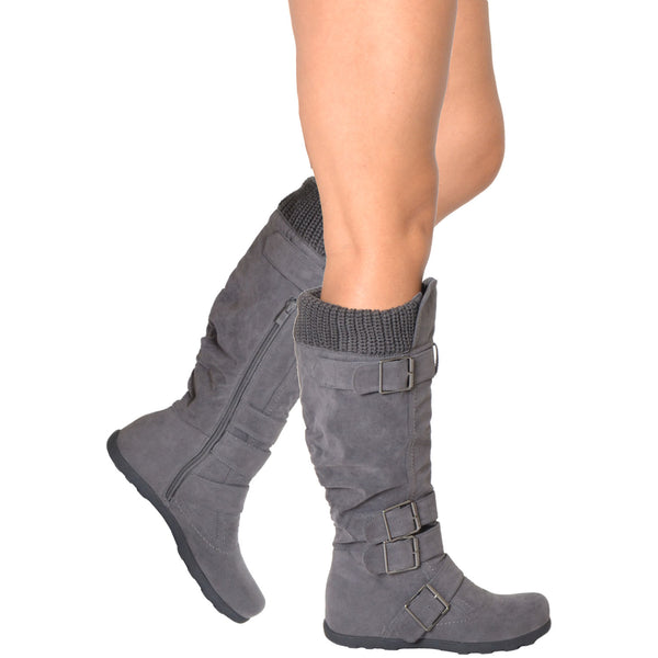 Womens Strappy Buckles Knit Collar Knee High Suede Boots Gray – SOBEYO.COM
