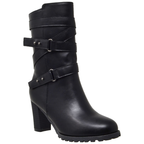 mid calf leather boots with heel