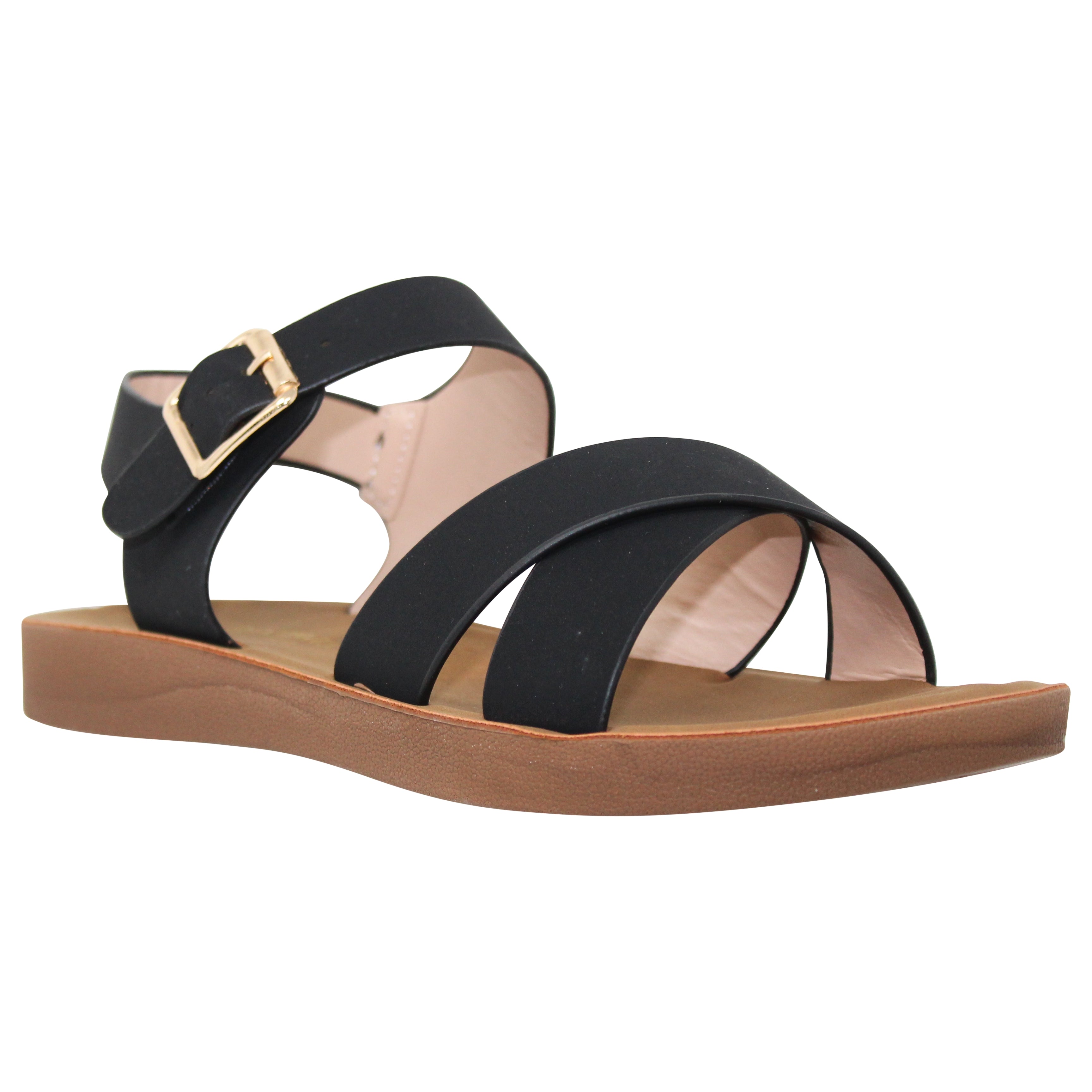 Women's Flatform Sandals X-Cross Ankle Strap Gold Buckles Black