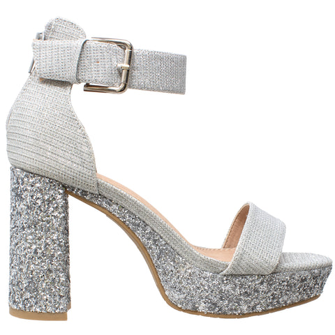 silver glitter block heel shoes