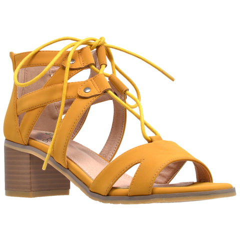 yellow lace up block heels