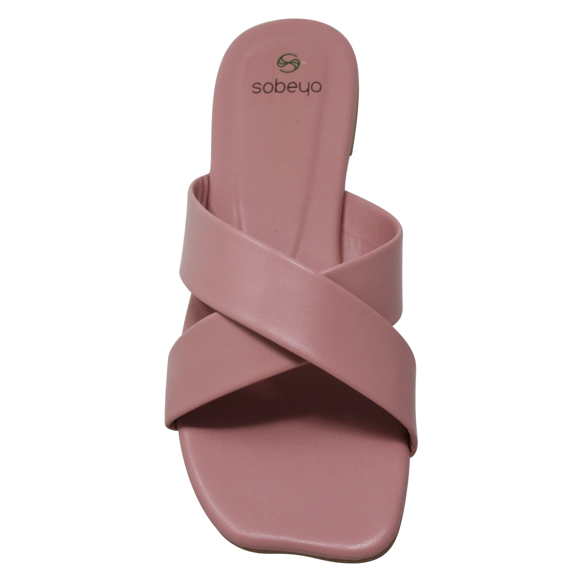 SOBEYO Square Toe Crossband Slide Sandals Dusty Pink