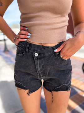 Overlap Distressed Denim Shorts - Black