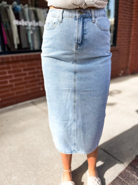 Denim Back Slit Midi Skirt - Blue