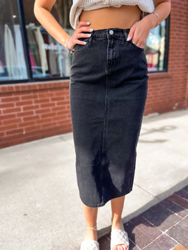 Denim Back Slit Midi Skirt - Black