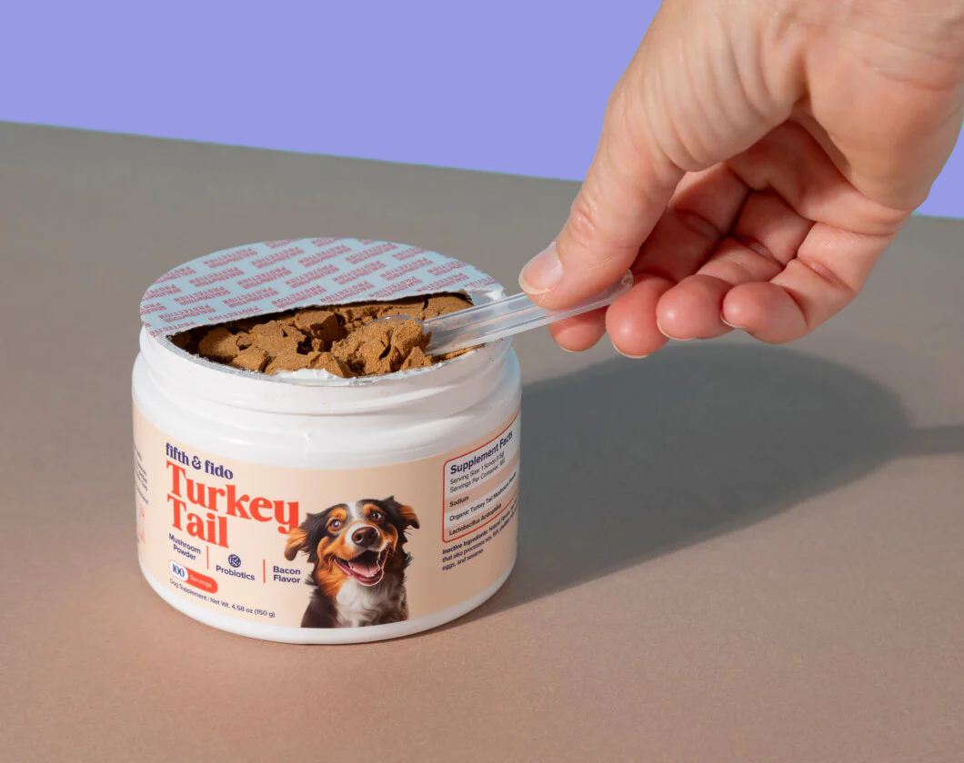 Hand opening a container of Fifth & Fido Turkey Tail supplement for dogs.