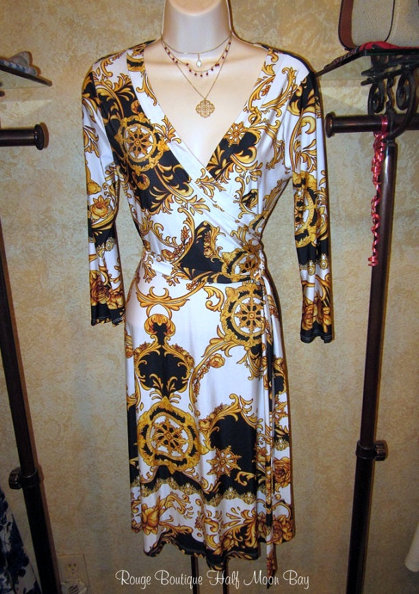 black and gold wrap dress