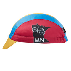 Red, blue, and yellow cap with MN state outline on the side and MINNESOTA text under brim. Side view. 