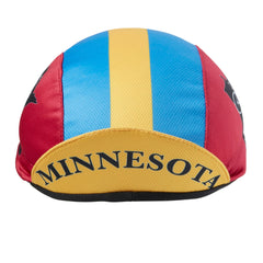 Red, blue, and yellow cap with MN state outline on the side and MINNESOTA text under brim. Brim up front view. 
