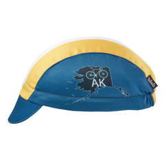 Blue, yellow, and white cap with AK state outline on the side and ALASKA text under brim. Side view. 