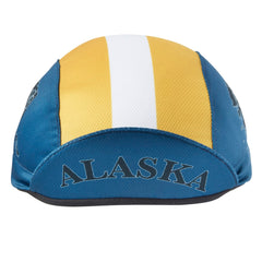 Blue, yellow, and white cap with AK state outline on the side and ALASKA text under brim. Brim up front view. 