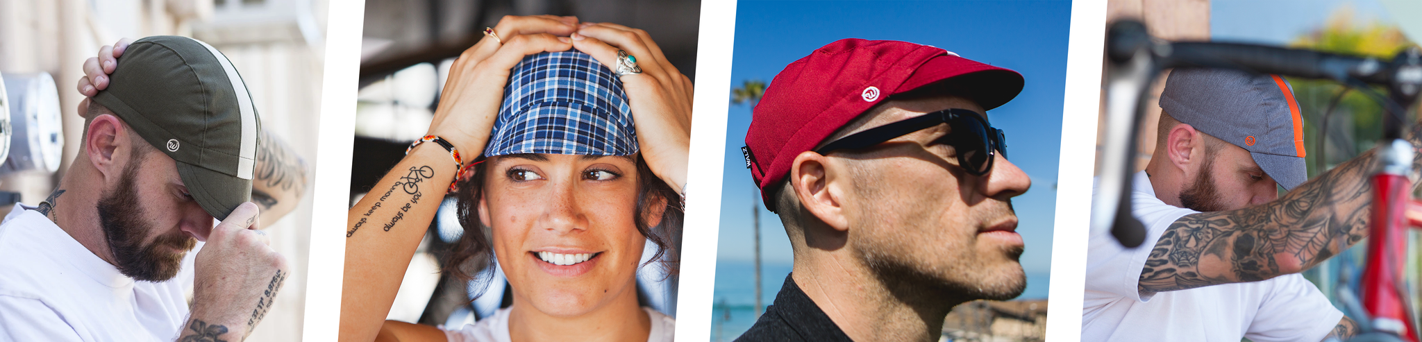 Banner image of four different people wearing Walz Cotton cycling caps.
