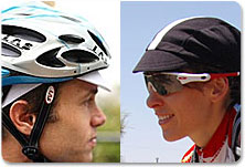 Side by side image of man wearing cap under helmet and woman wearing cap without helmet.