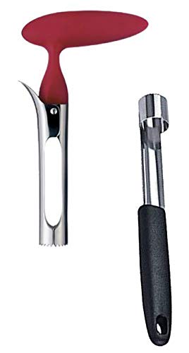 Apple Corer Lever Tool + Pear Pepper Poker Pusher by BRIGHT KITCHEN Stainless Steel Pear Fruit Seed Remover Cherry Red Grip with Serrated Blade