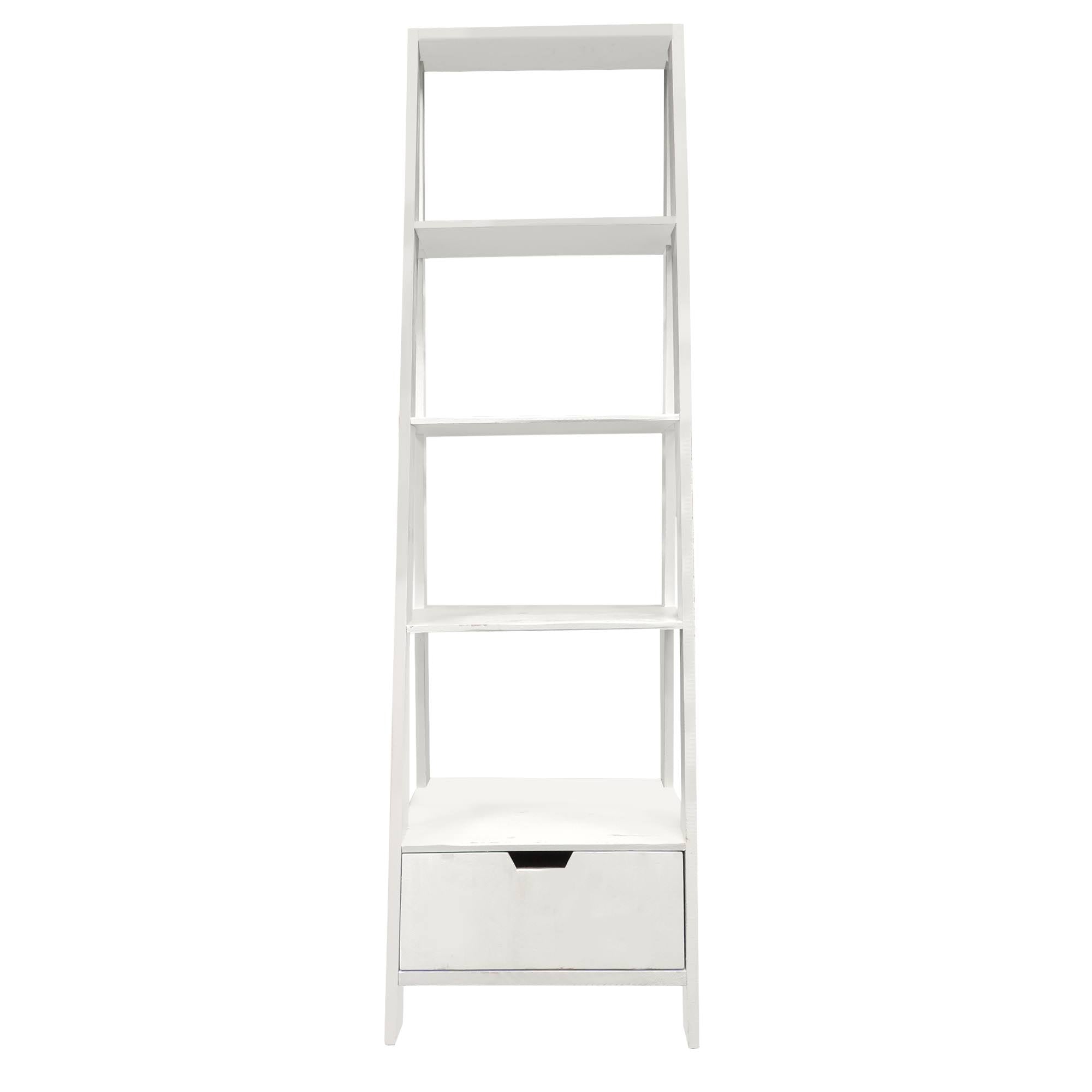4 Shelf Wooden Ladder Bookcase with Bottom Drawer Antique White