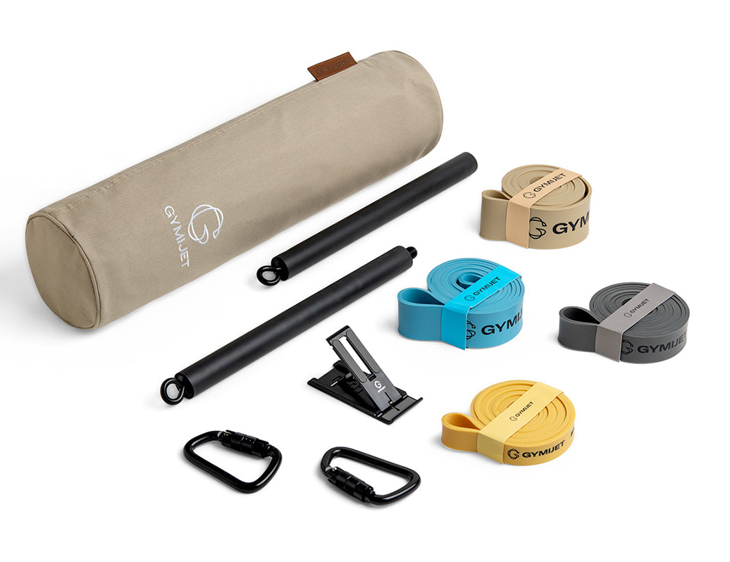 Portable workout set with resistance bands, bars, and accessories displayed with a carry bag.