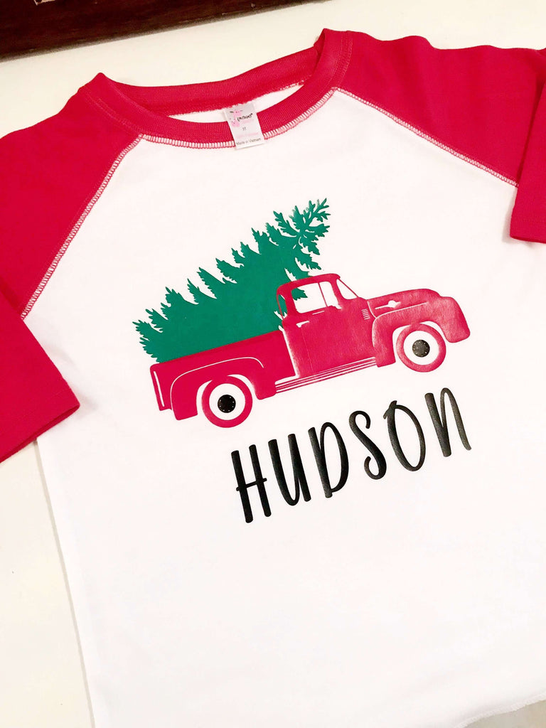 Christmas Tree in Vintage Truck Raglan Tee Shirt, Personalized with Na ...