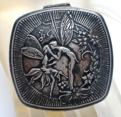 Art Deco Djer Kissing Fairies/Nymphs Silver Compact