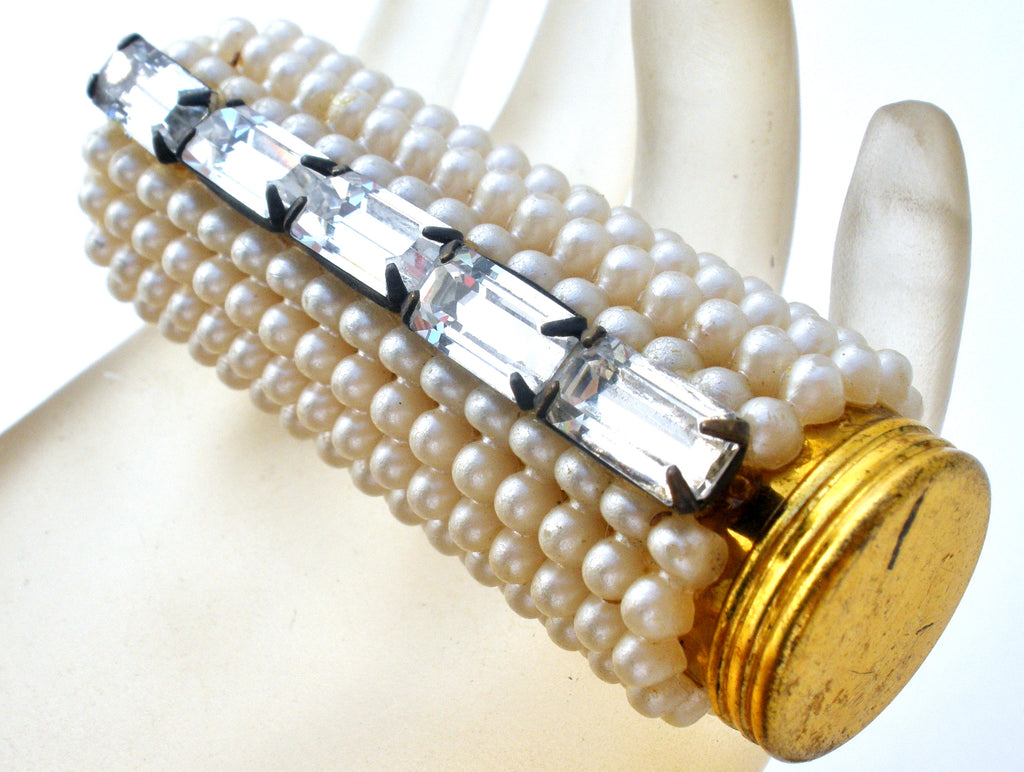 Faux Pearl And Rhinestone Lipstick Holder Vintage The