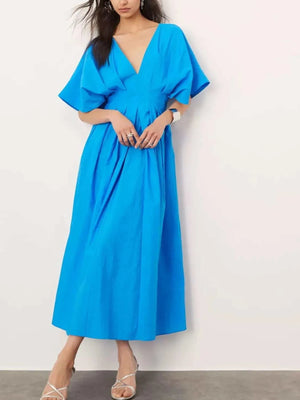 V-Neck Half Sleeve Midi Dress - Jsandiclothing.com