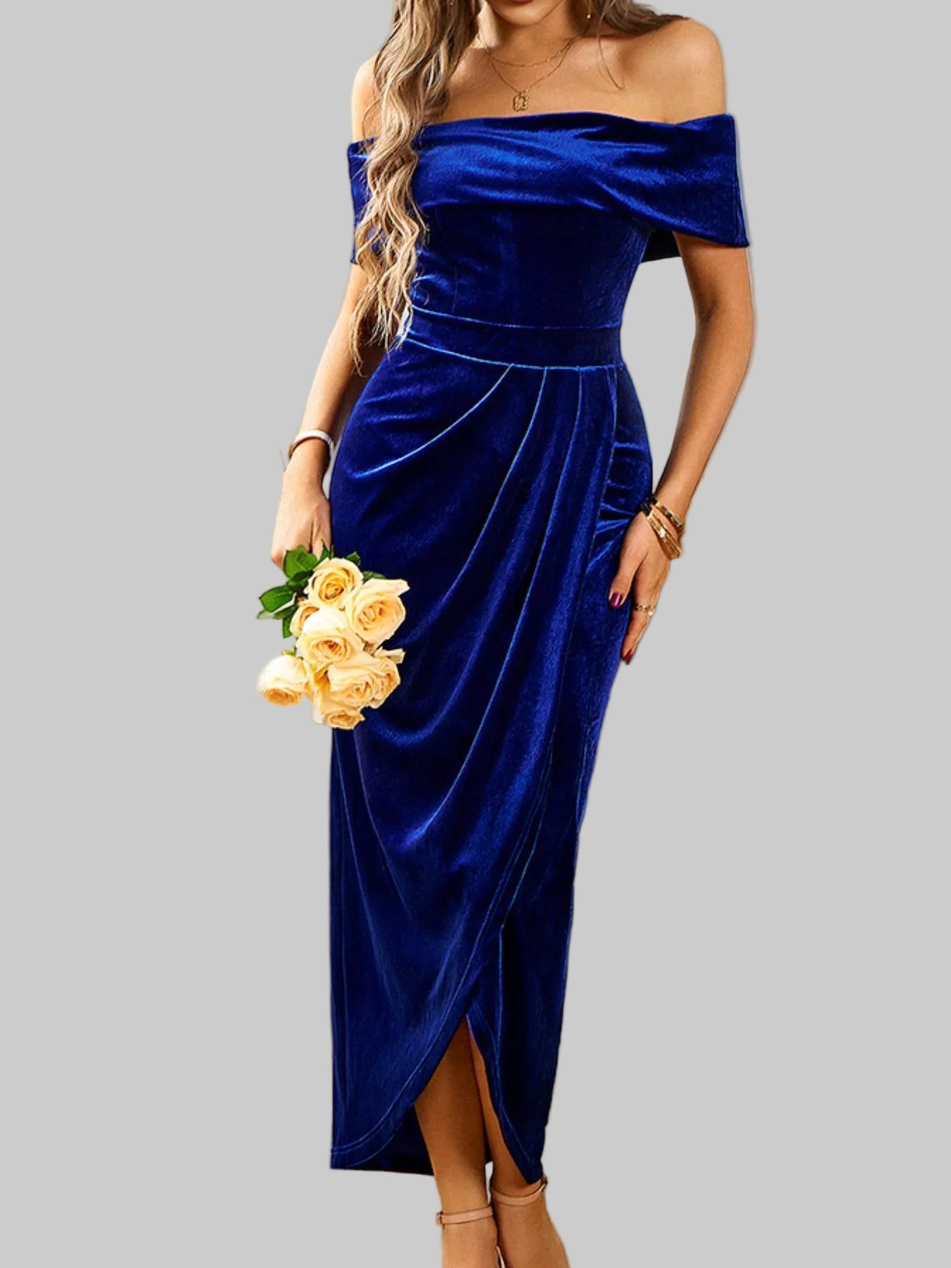 Velvet Off-Shoulder Ruched Midi Dress-Luxe Elegance and Comfort
