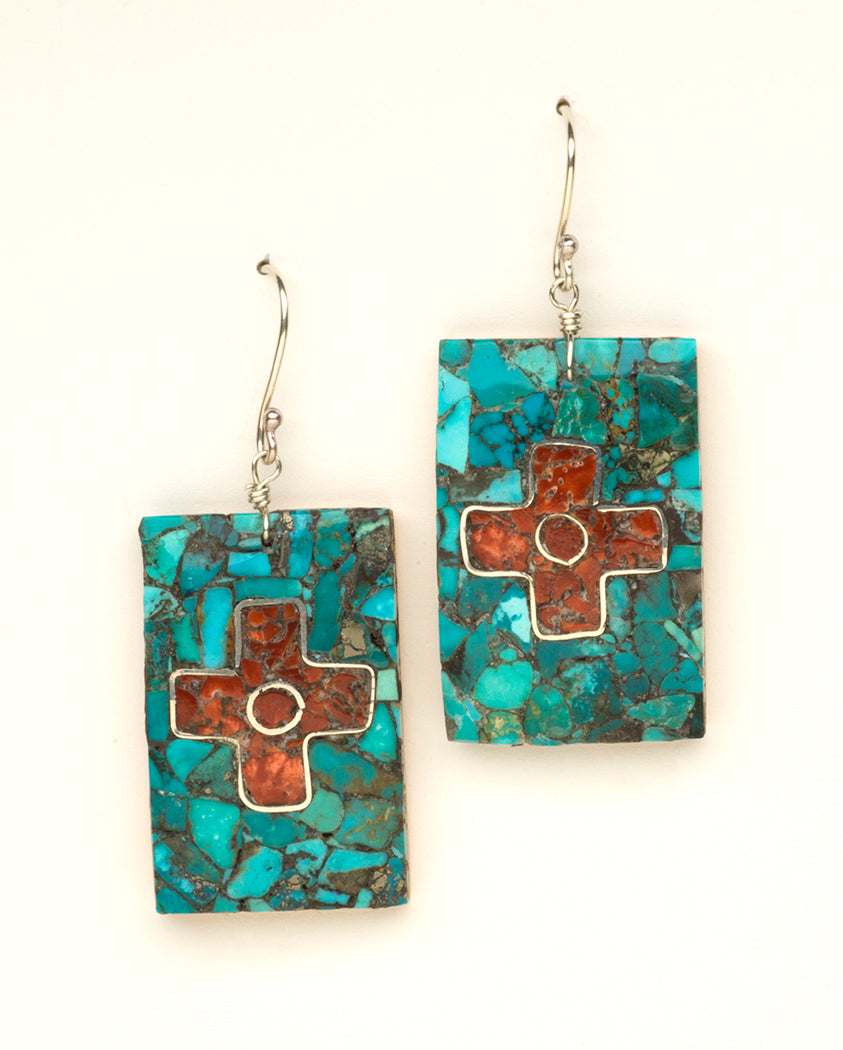 Mosaic Turquoise, Red Coral & Sterling Silver Earrings