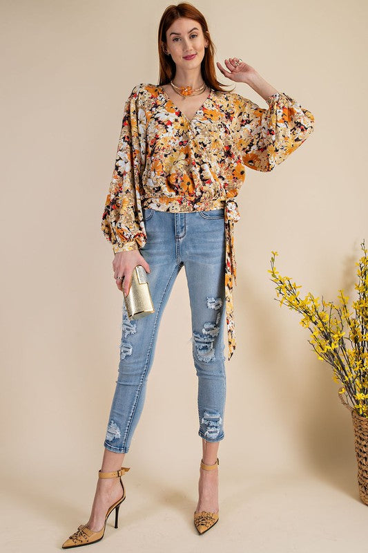 Lela Khaki and Floral Draped Sleeve Blouse