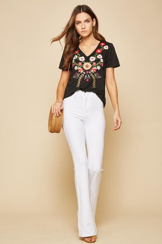 Black and Embroidered Short Sleeve Top