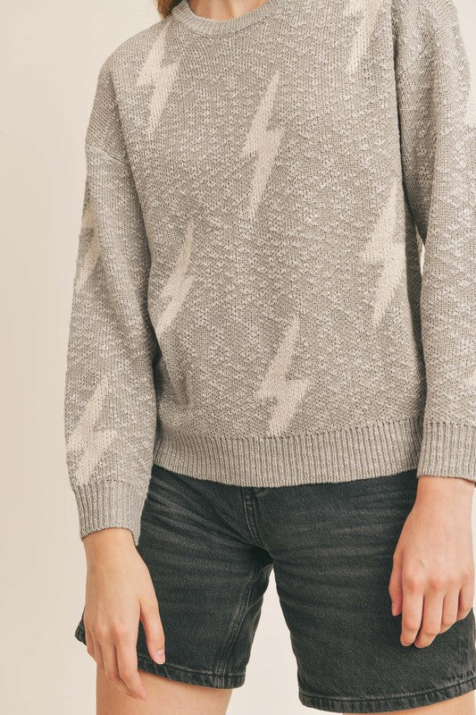 Heather Grey Lighting Print Crewneck Pullover Top