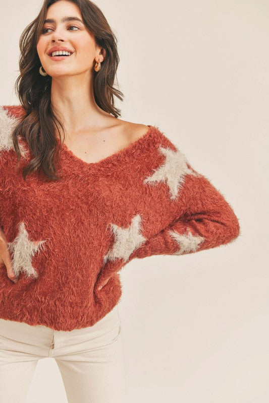 Mulberry Colored Fuzzy Mohair Star Sweater