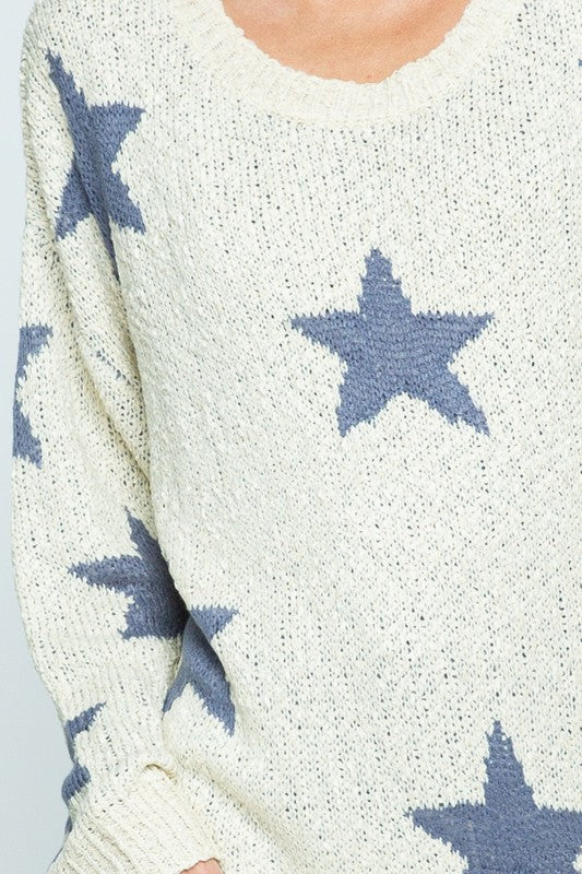 Cream and Dusty Blue Long Sleeve Star Sweater