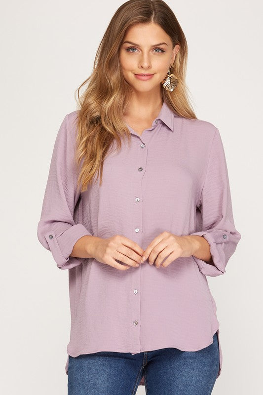 Mauve Colored Long Roll Up Sleeve Button Down Top