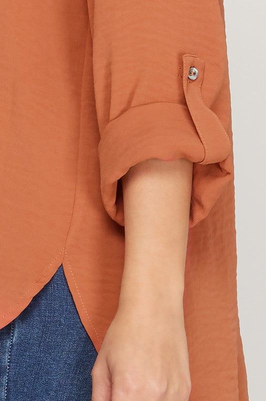 Rust Colored Long Roll Up Sleeve Button Down Top