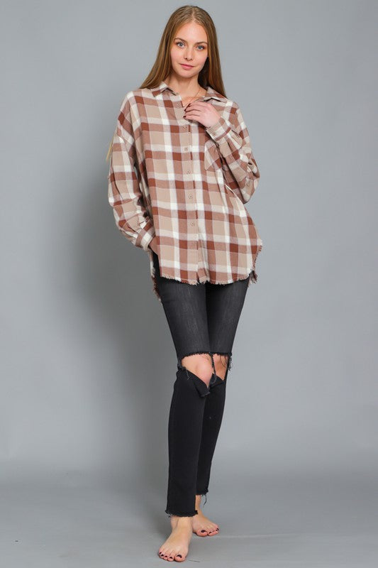 Mocha Multi Colored Roll Up Long Sleeve Top