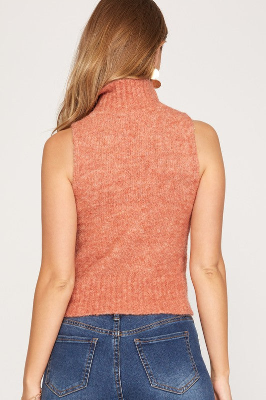 Rust Colored Sleeveless Mock Neck Knit Sweater