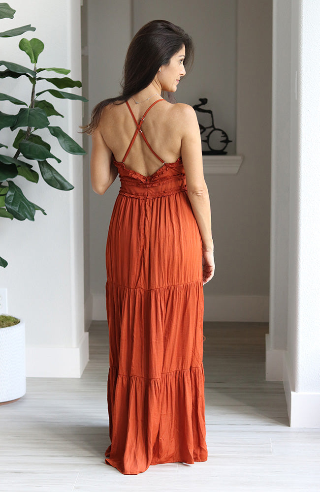 Rust Colored Satin Tiered Maxi Dress